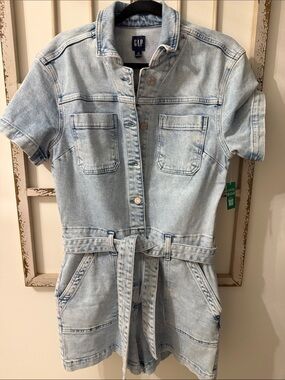 GAP Light Blue Denim Short Sleeve Romper with Tie Belt